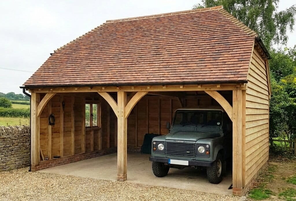 A completed 2-bay timber garage with a grey 4x4 vehicle parked inside, next to text explaining supply-only and full-build service options.