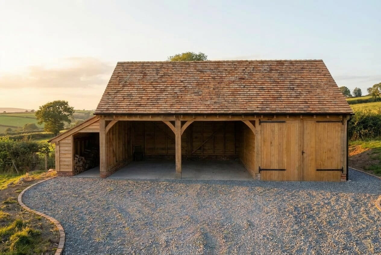 A 3-bay oak garage featuring an integrated log store and a closed workshop bay, situated on a gravel driveway in a rural setting.