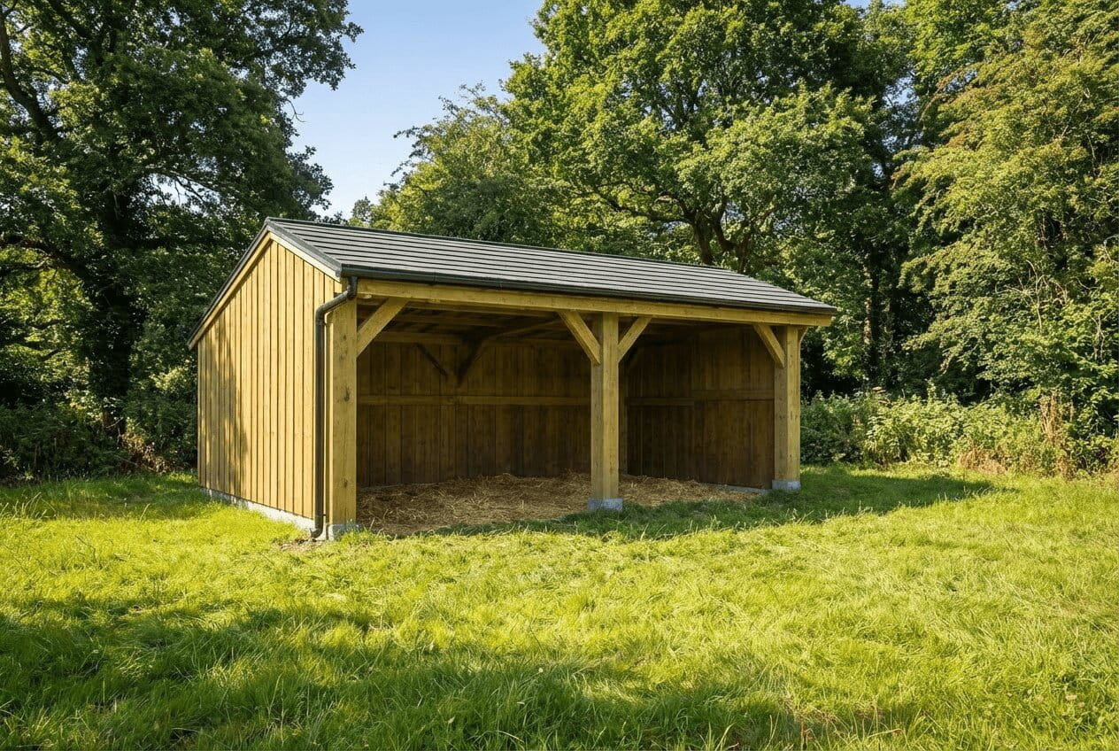A three-bay timber field shelter with a sloped roof standing in a grassy field surrounded by trees.