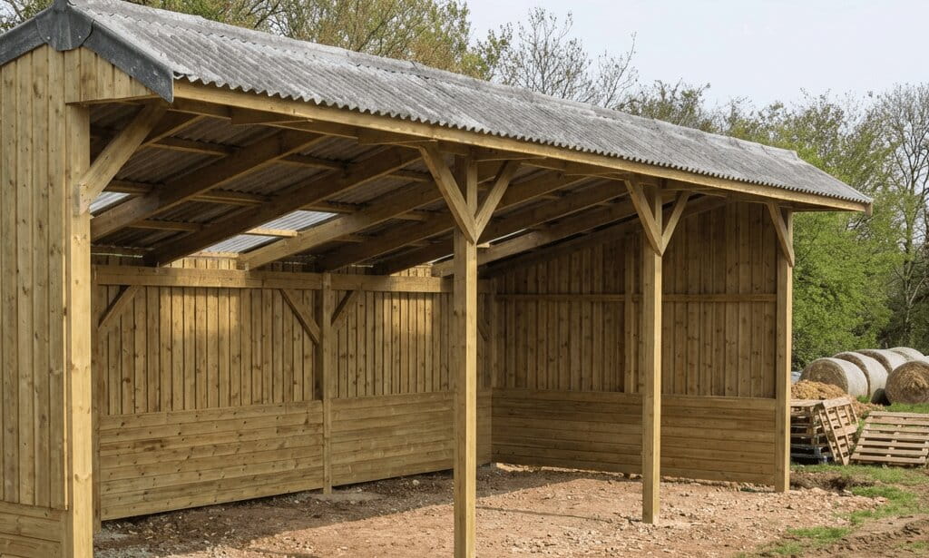 An open-fronted timber mono pitch pole barn with a corrugated roof, designed for hay storage and agricultural implements.