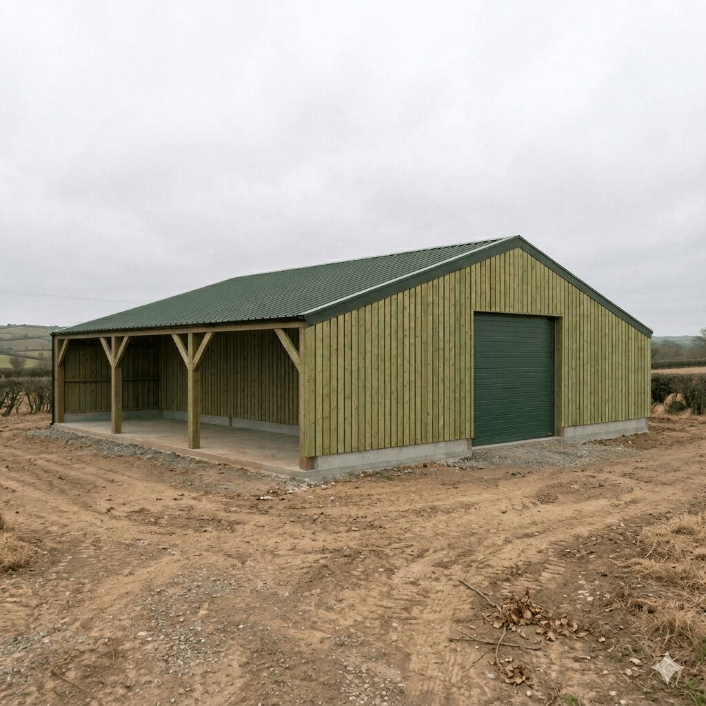 A large-scale professional timber portal frame agricultural barn with a green metal roof and sliding door.