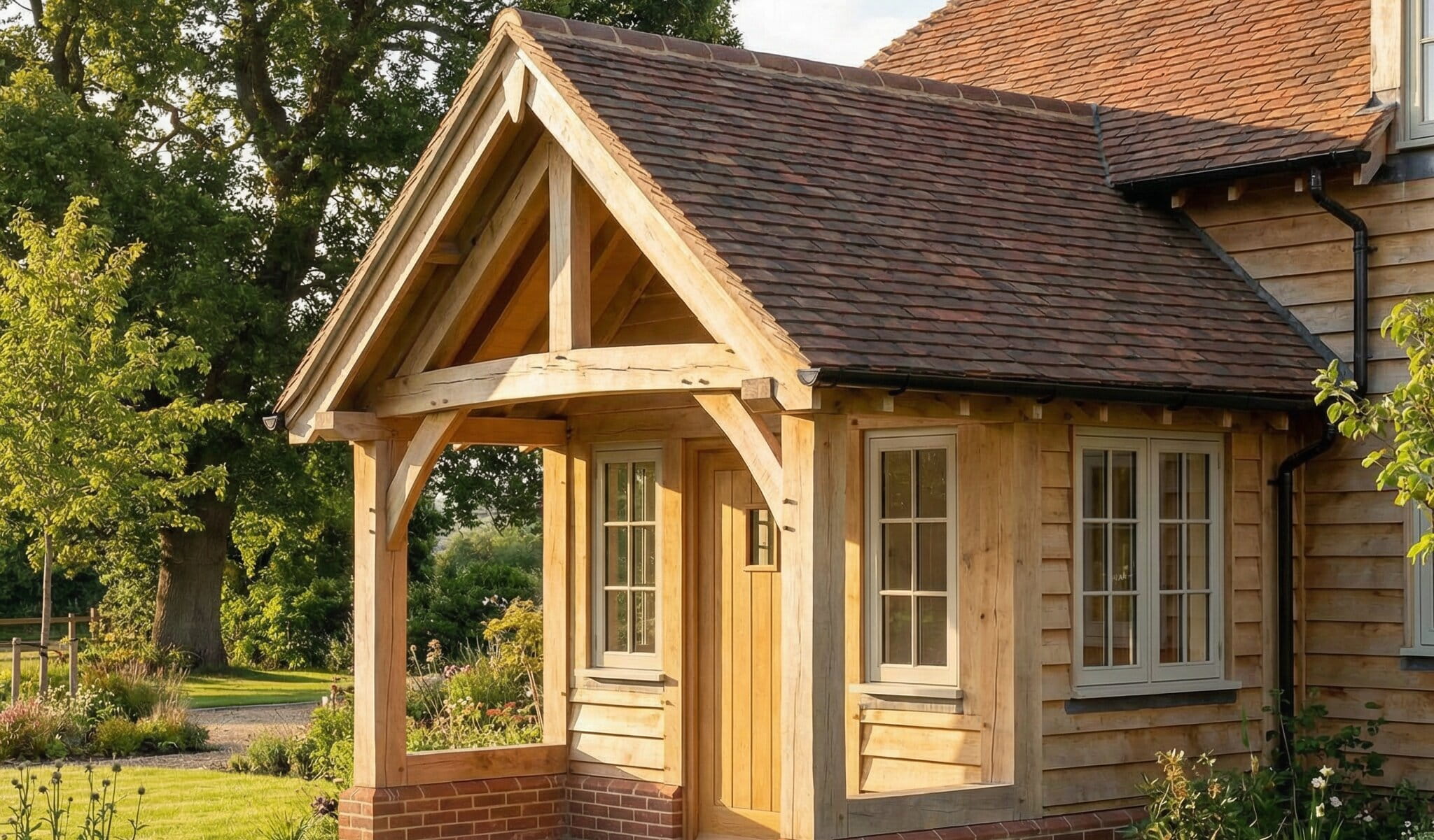 A high-quality handcrafted oak framed porch with a gabled tiled roof attached to a timber-clad home with white window frames.