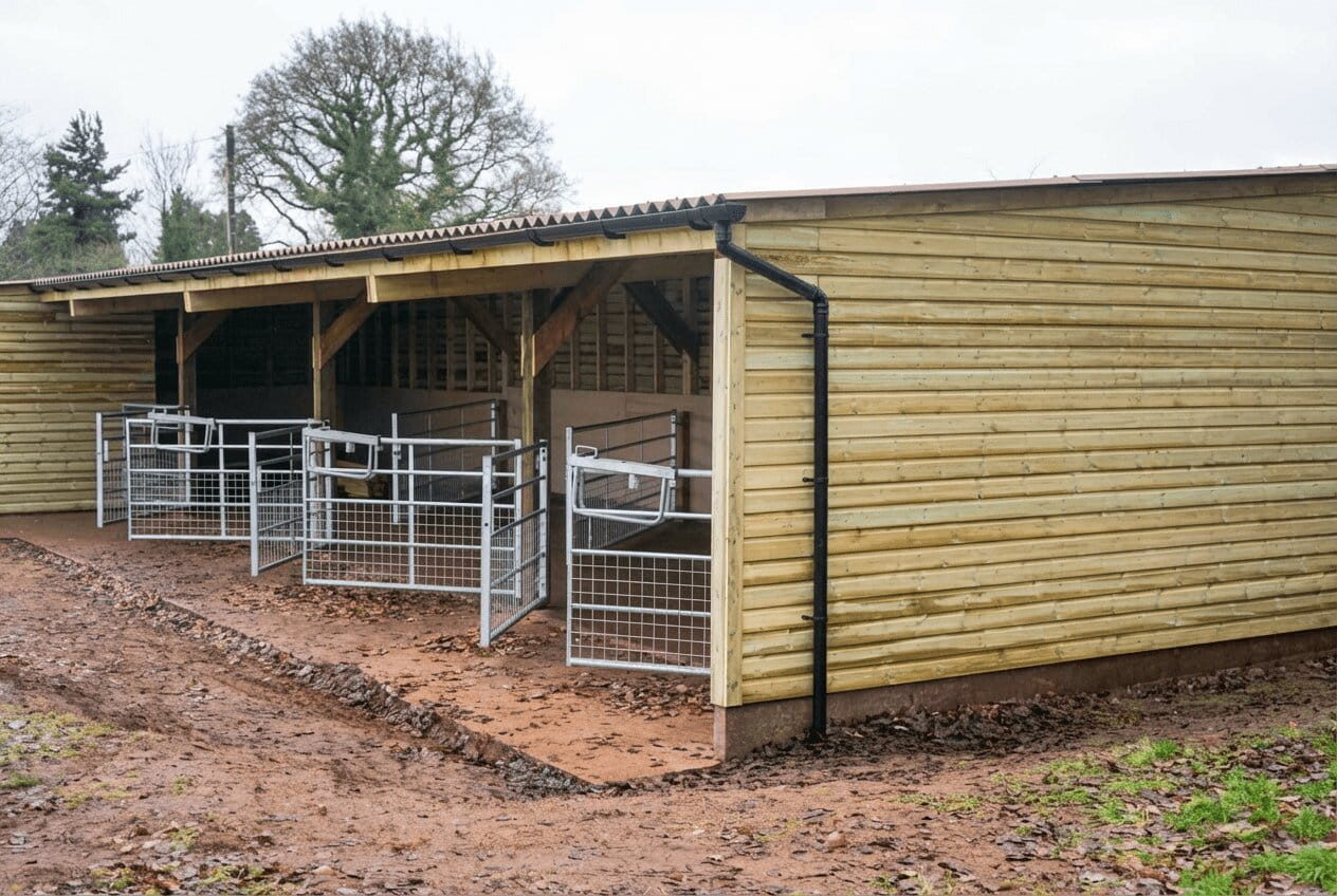 A timber livestock building featuring a cantilever roof overhang protecting metal calf pens and feeding areas.