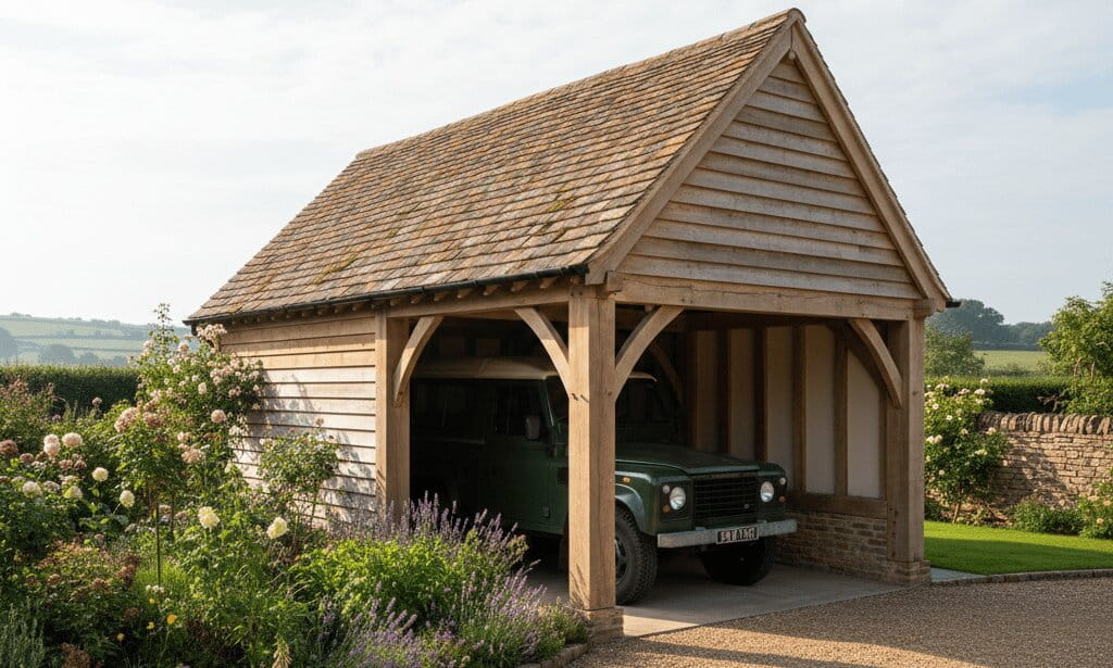 A heavy structural timber 1-bay garage with a green vintage vehicle parked inside, set in a rural garden landscape.