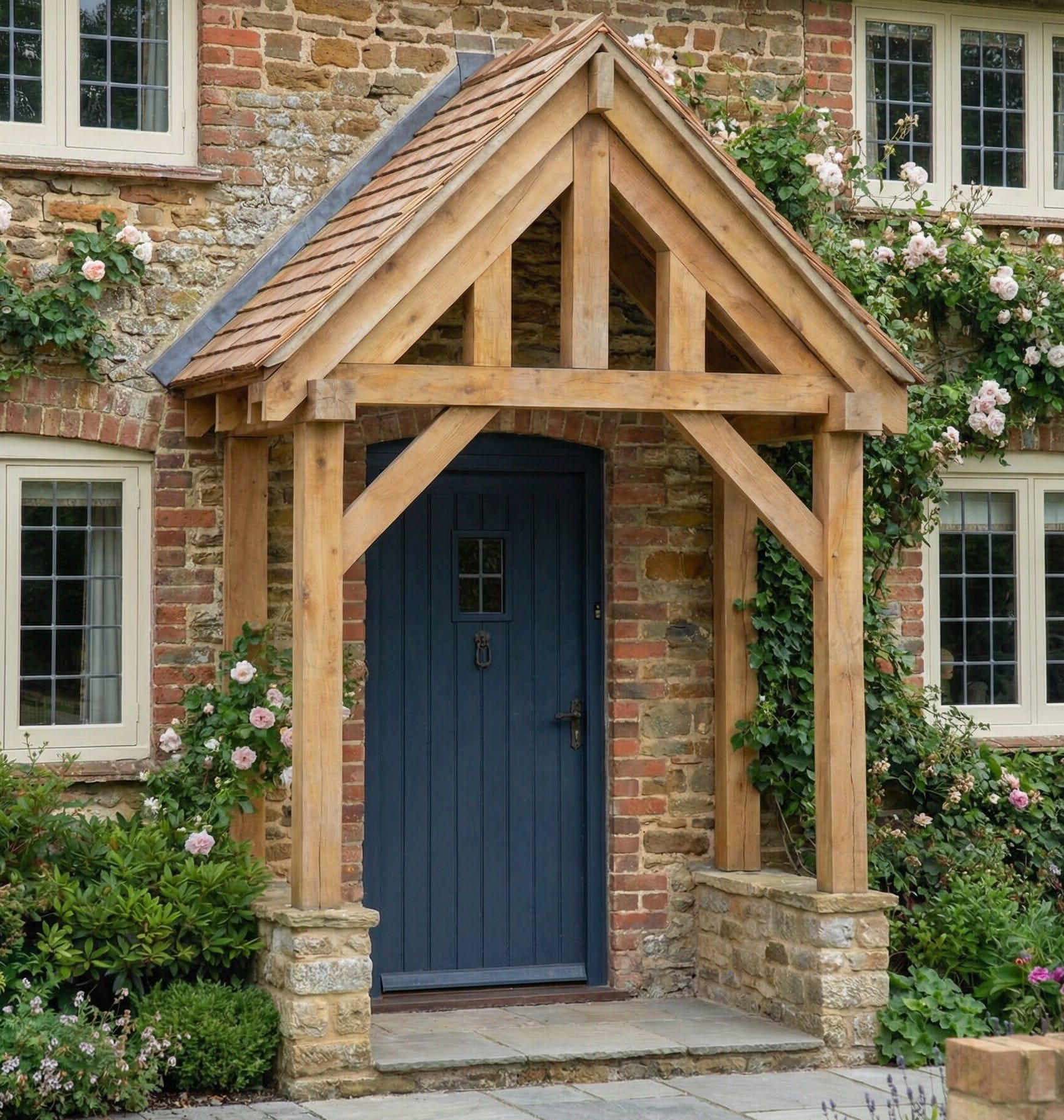 A bespoke timber porch with thick $150text{mm}$ oak posts and a gabled roof installed over a blue front door on a stone cottage.
