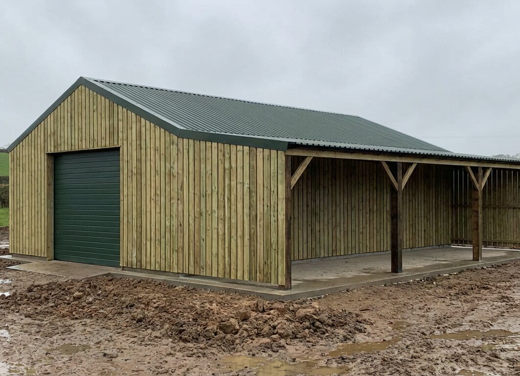 A timber portal frame barn with a green roller door and an adjacent open-sided bay, featuring heavy timber columns and a pitched green roof on a concrete base.