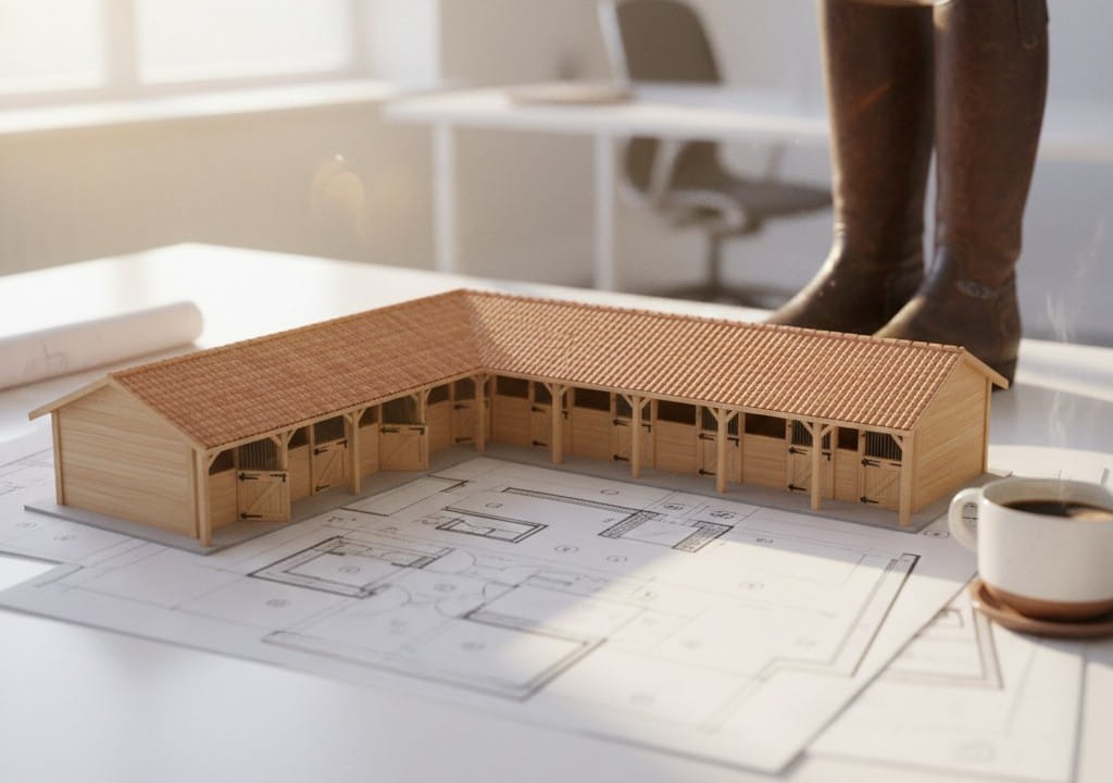 A small-scale architectural model of an L-shaped timber stable block sitting on top of professional floor plan blueprints on a desk.