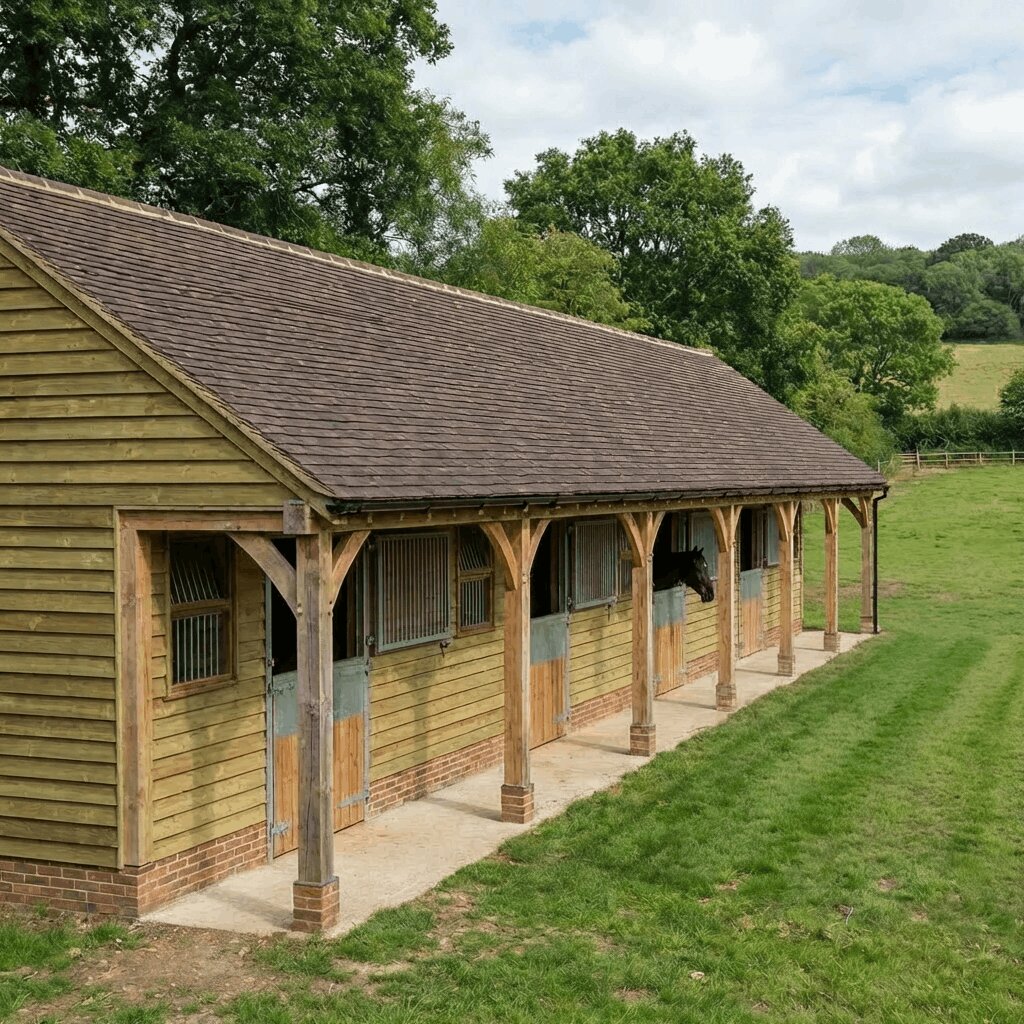 A long row of timber-framed horse stables with a tiled roof and green grass in the foreground.