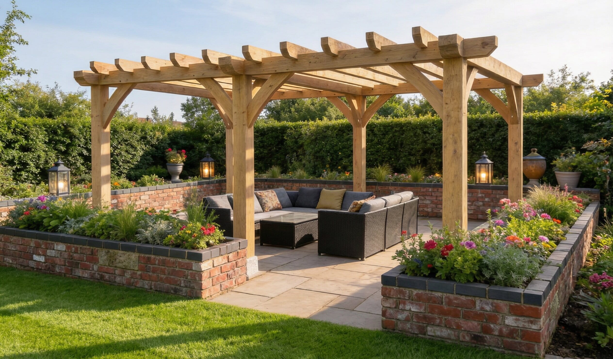 A large hand-crafted oak timber pergola over a modern outdoor seating area with grey wicker sofas and integrated brick planters.