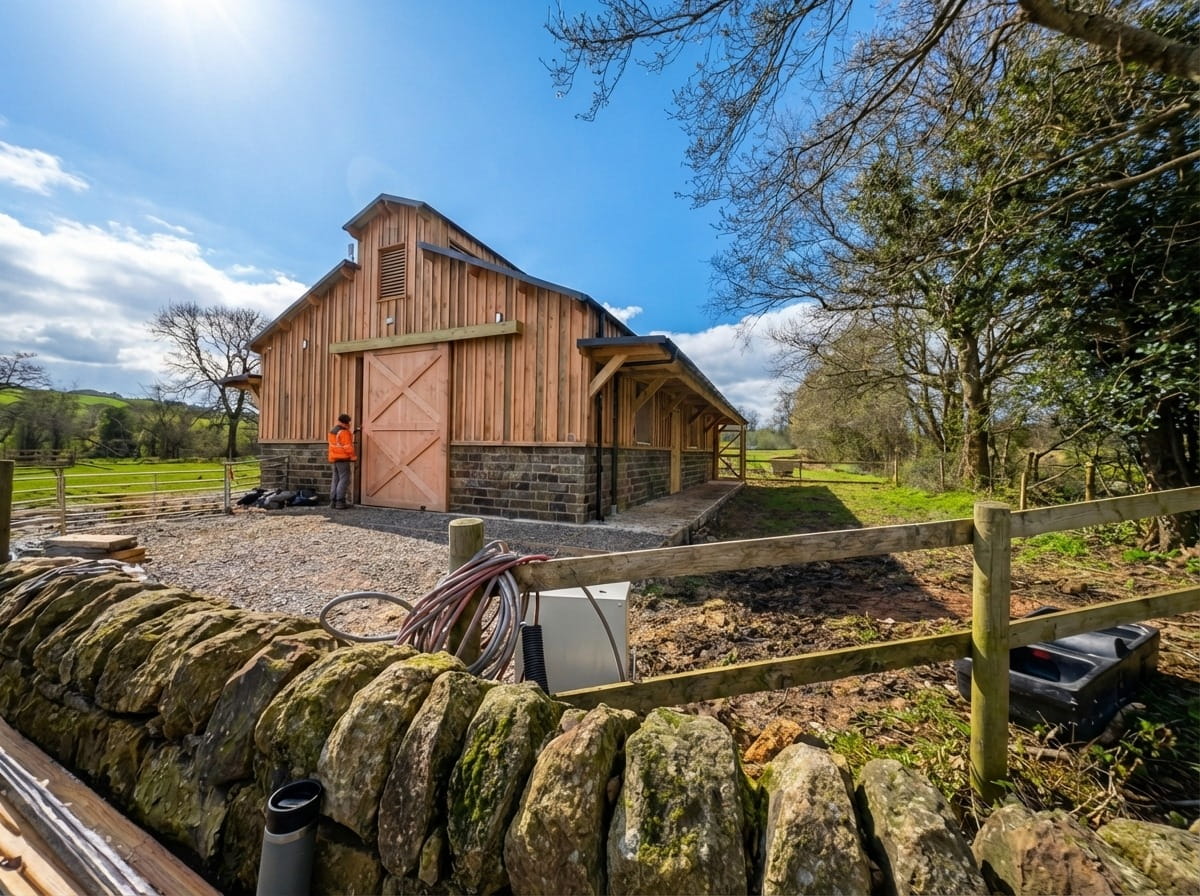 A large, hand-crafted timber barn with traditional post and beam construction, featuring a sliding wooden door and stone foundation under a cloudy sky 1.