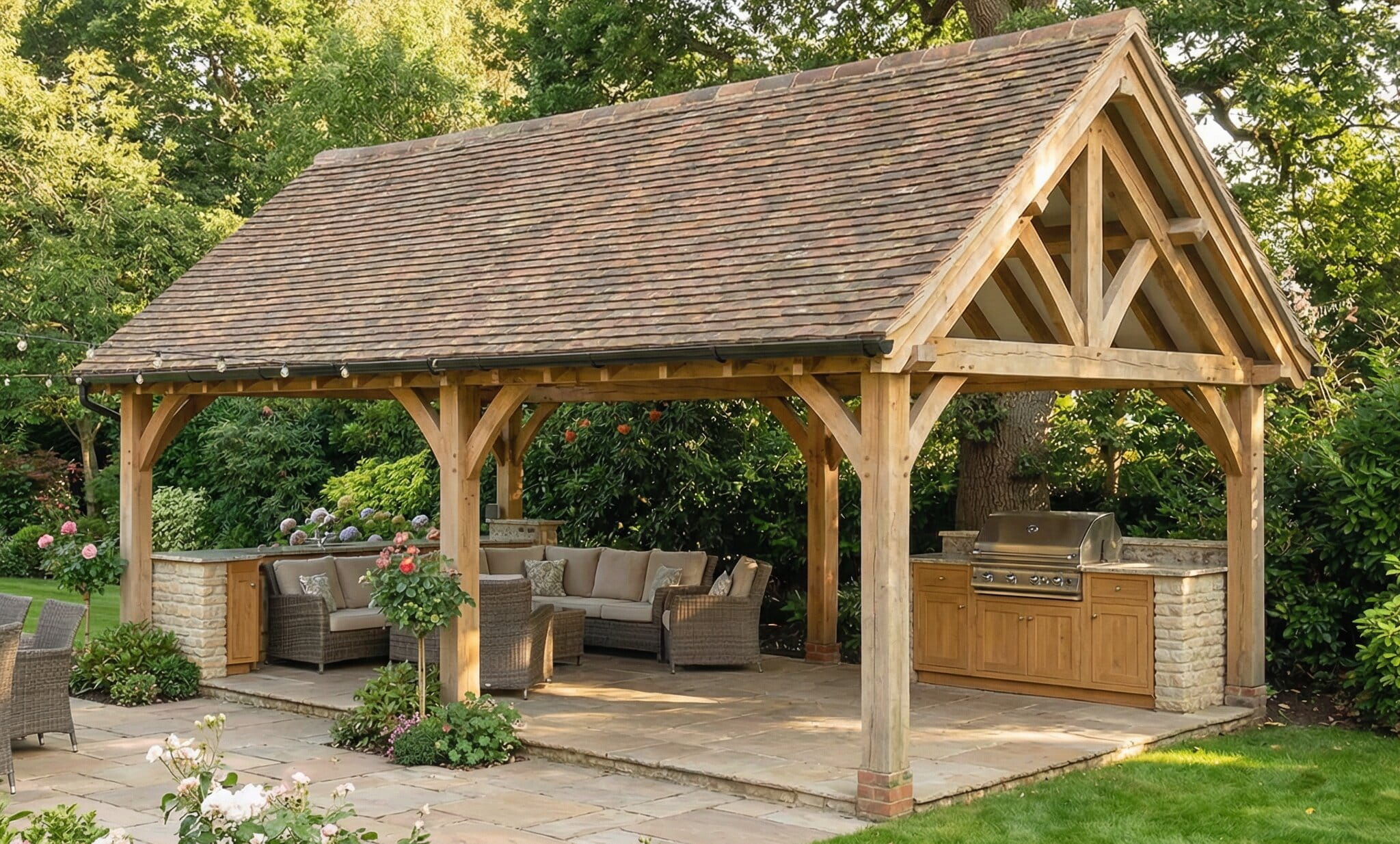 A handcrafted oak timber outdoor living structure featuring a luxury outdoor kitchen with a grill and a comfortable seating area under a tiled roof.