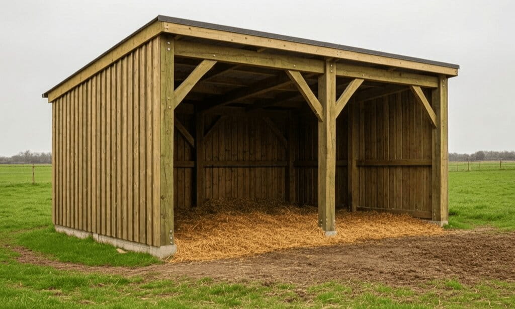 A robust timber field shelter with heavy structural framing and vertical cladding, featuring straw bedding inside and situated in a green paddock.