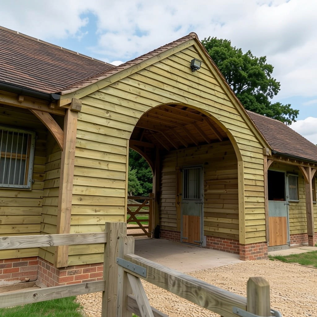 A close-up of a heavy timber stable building featuring a large curved wooden archway and traditional stable doors.