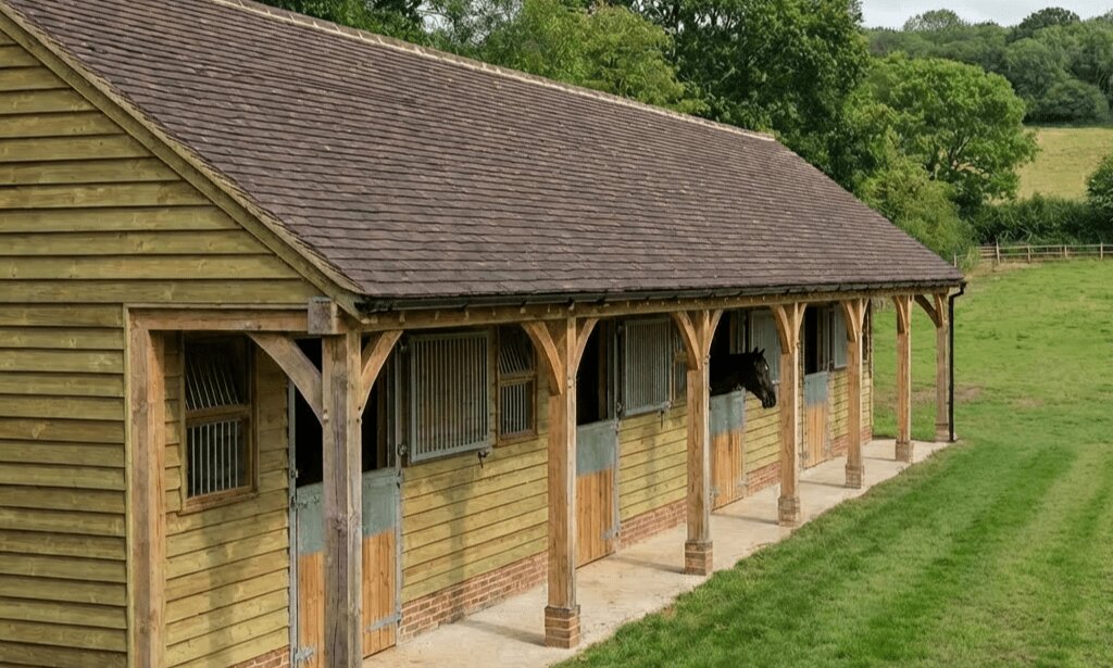 A high-quality timber horse stable with traditional post and beam construction, featuring multiple stalls with half-doors and a black horse looking out.