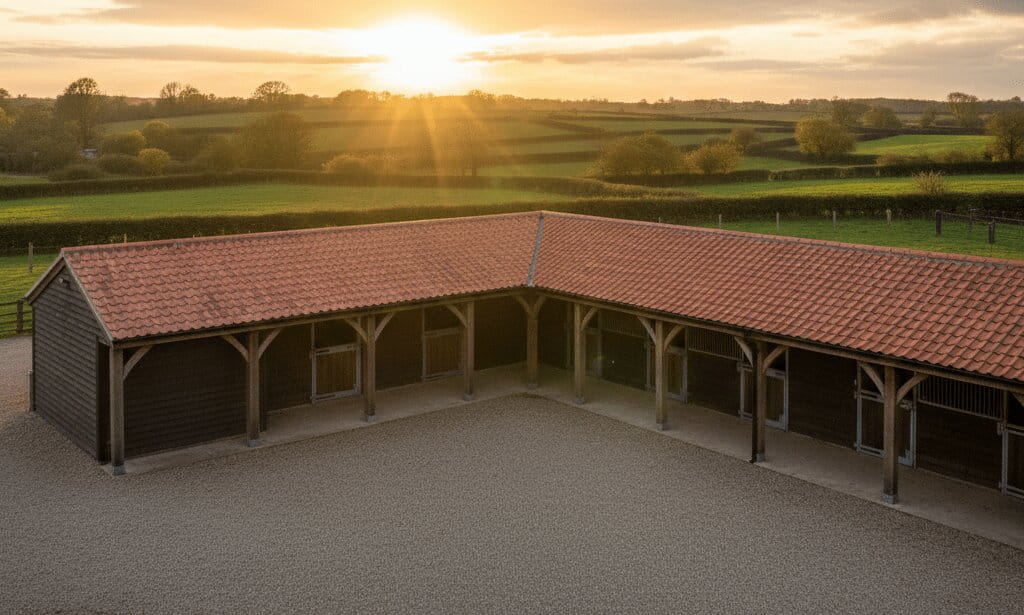 An L-shaped timber frame horse stable building with a red tiled roof and multiple stalls, set against a sunset over rolling countryside hills.
