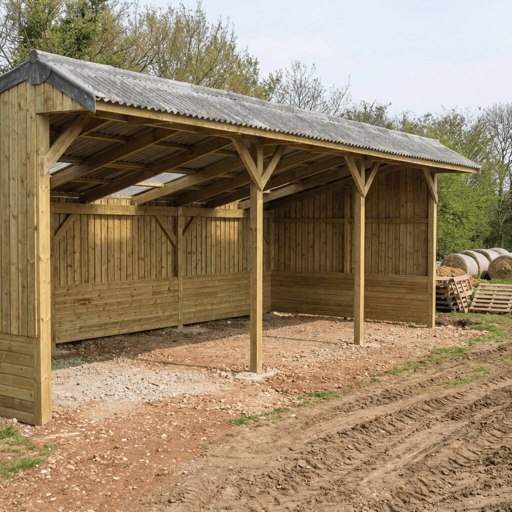 A cost-effective timber mono-pitch pole barn with an open front, used for hay storage or farm implements.