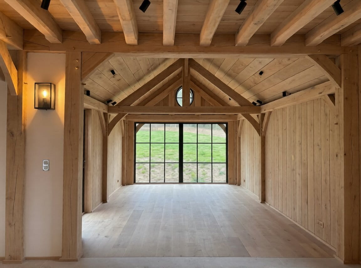 Interior view of a spacious, modern oak-framed garden room with exposed timber beams, light wood flooring, and large windows.