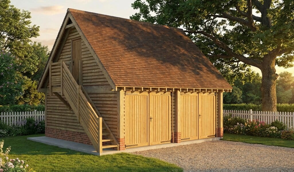 A two-story timber garage with three enclosed bays and an external wooden staircase leading to a room above, ideal for a home office or guest annexe.