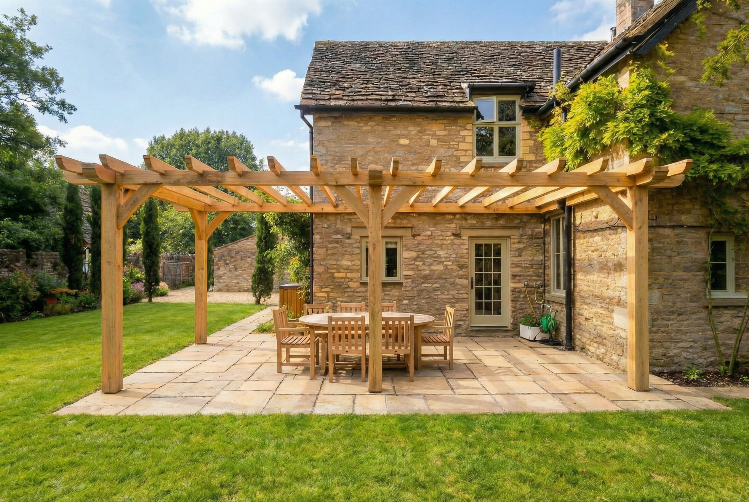 A wooden oak pergola installed on a stone patio with an outdoor dining table next to a traditional stone house.
