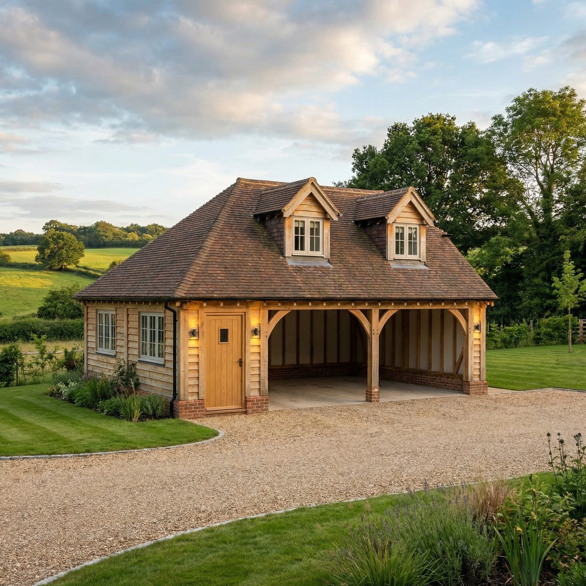 A large timber-framed garage featuring two open bays and an upper floor with dormer windows for living accommodation.