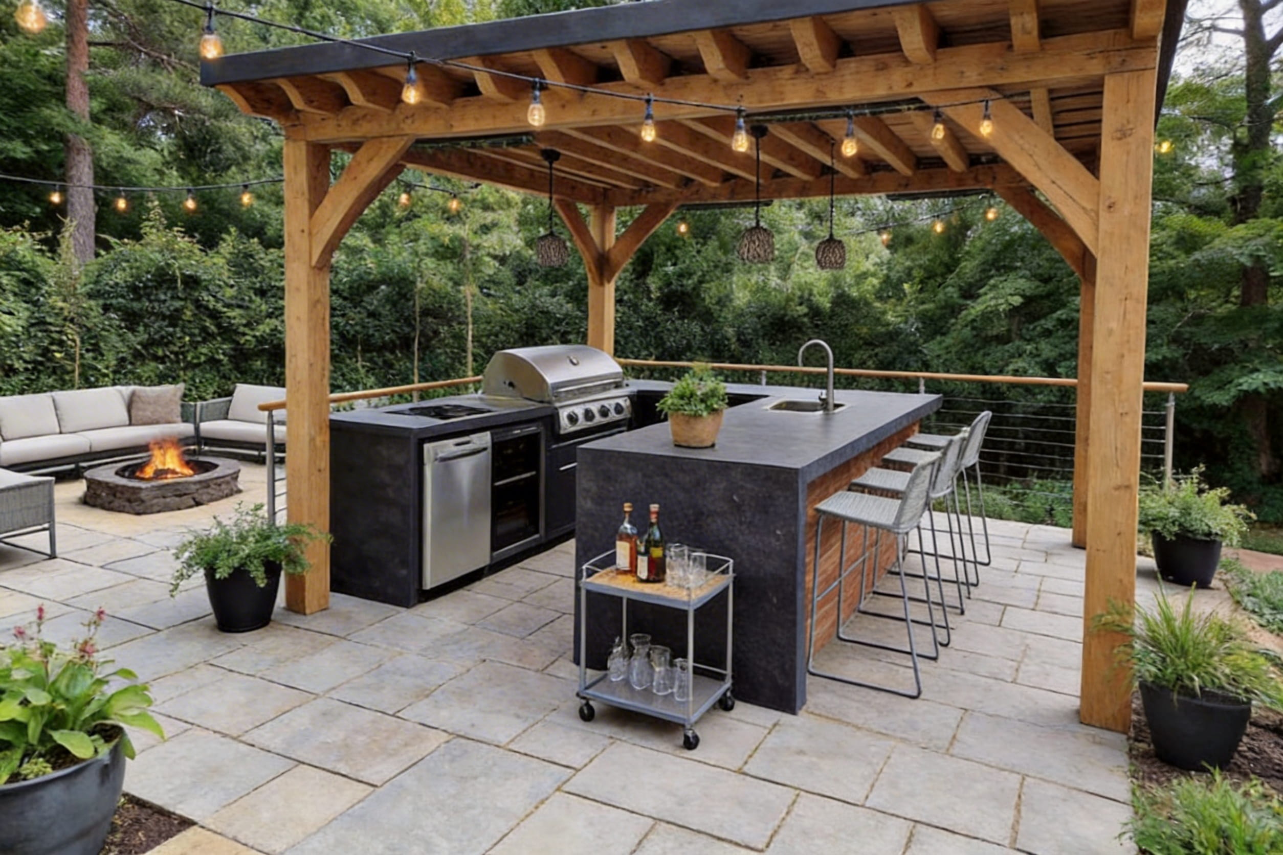 A modern oak-framed kitchen shelter over a black contemporary outdoor kitchen island with bar seating and a fire pit area.
