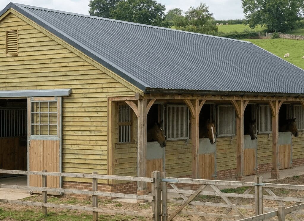 A timber-framed equestrian building featuring large sliding doors with windows and a sheltered walkway where horses look out from their stalls.