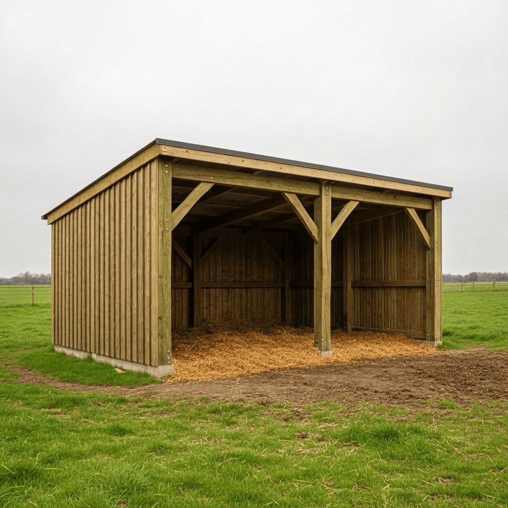 A rugged, open-fronted timber field shelter standing in a green grassy paddock.