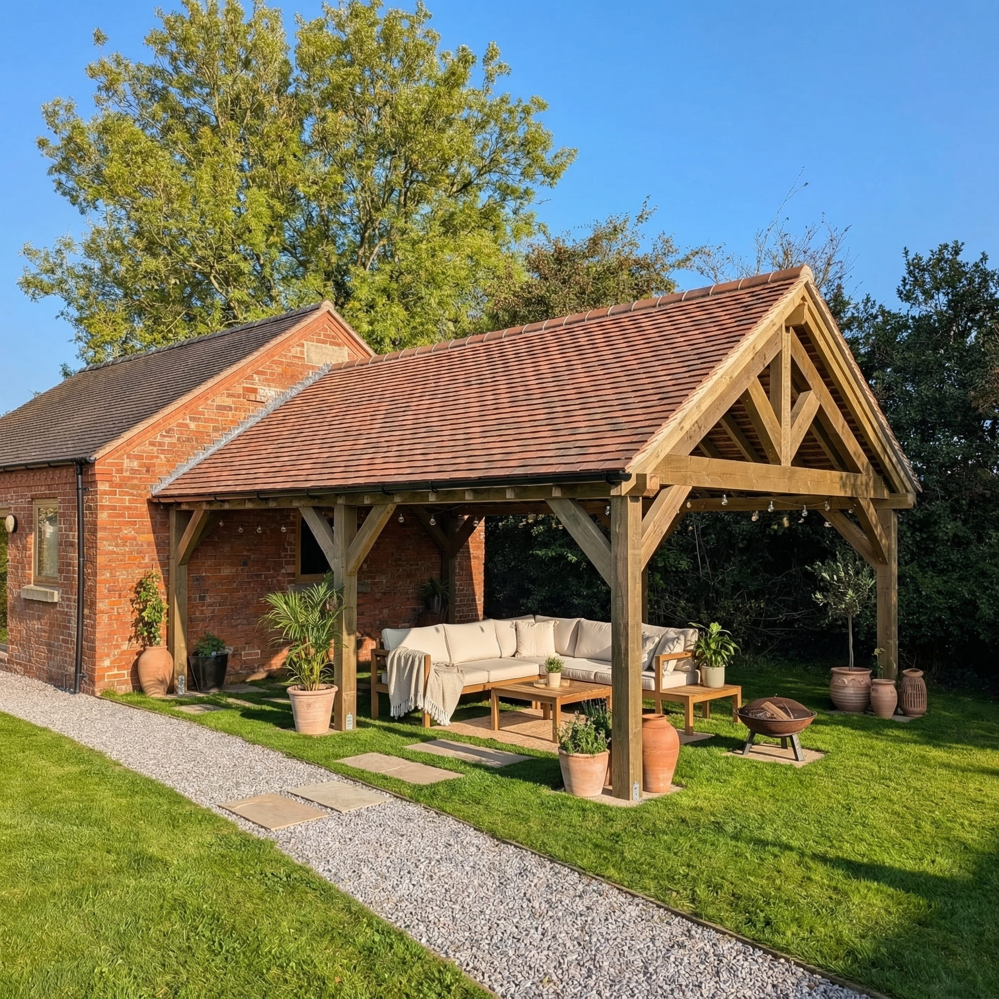 A bespoke timber-framed garden gazebo used as an outdoor living room with a sofa and coffee table on a lawn.