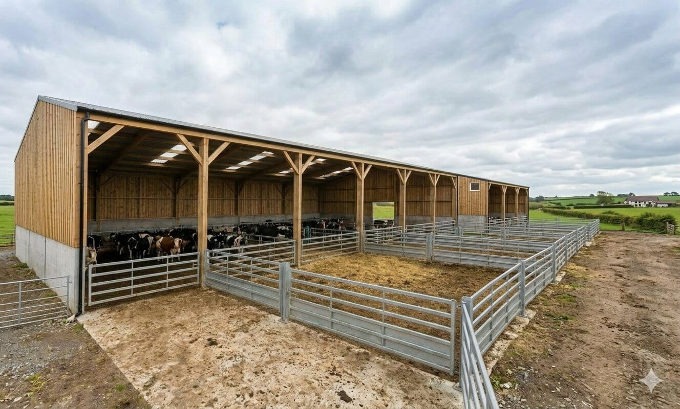 A large timber-frame cattle shed with an open-fronted design, concrete base walls, and external metal penning for livestock.