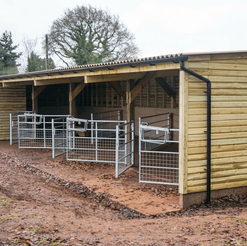 A timber-clad cattle shed with metal gates and animal pens, designed for natural ventilation and herd welfare.