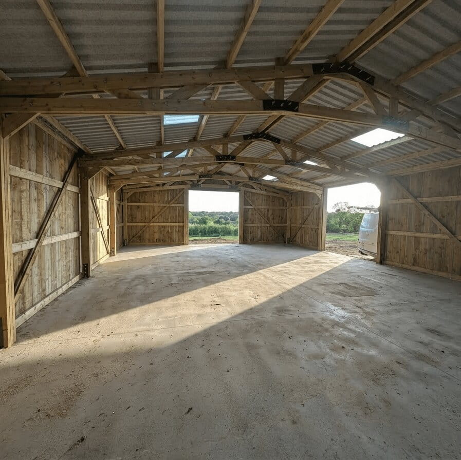 The interior of a large timber portal frame barn showing a clear-span roof without internal support posts for maximum space.