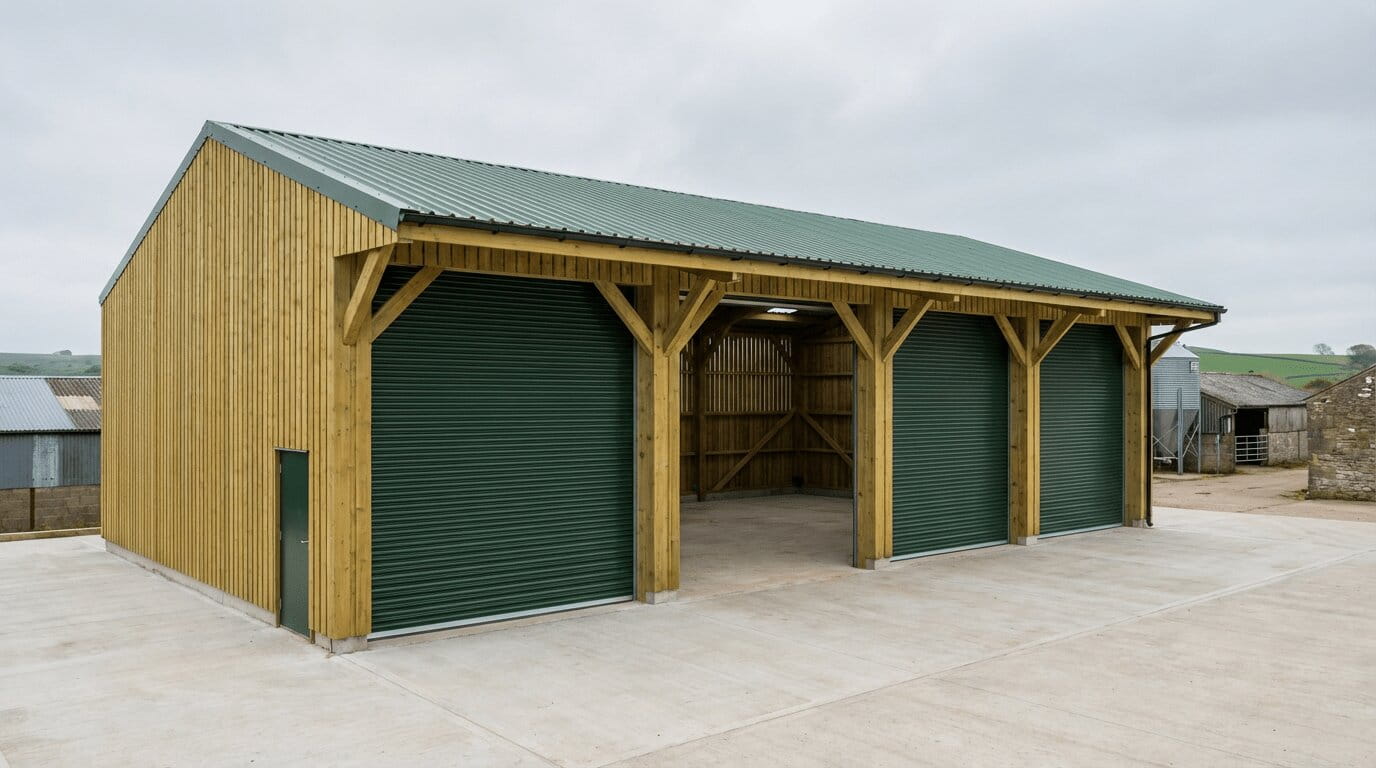 A large timber portal frame barn with vertical wood cladding, a green corrugated roof, and several green roller shutter doors on a concrete base.
