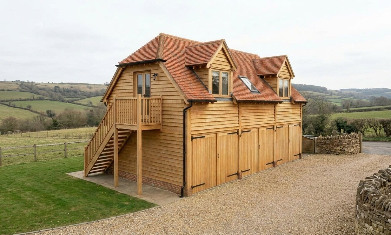 A large triple-bay timber-framed garage with a second-story living space, featuring an external wooden staircase, dormer windows, and a clay tile roof in a rural countryside setting.