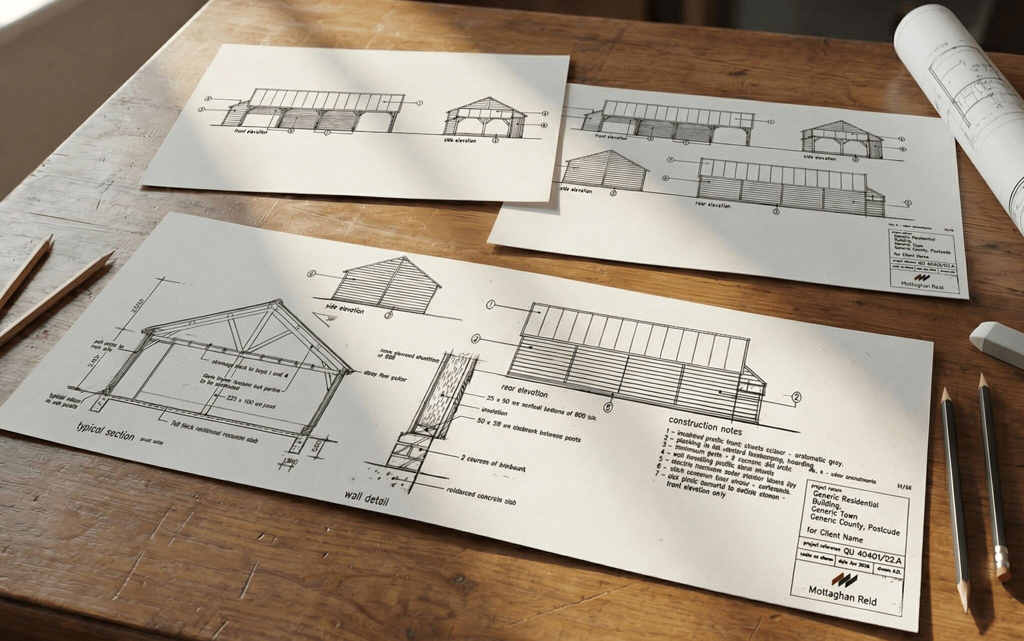 Technical architectural drawings and blueprints for a timber-framed building laid out on a wooden desk with pencils and rolled sketches.