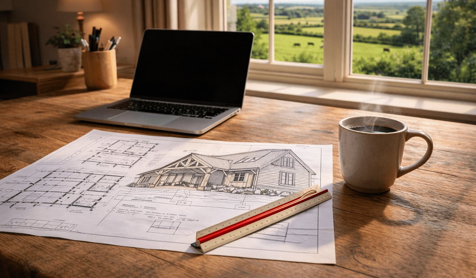 Architectural drawings of a timber frame house on a wooden desk next to a laptop and a cup of coffee, with a scenic countryside view through the window.