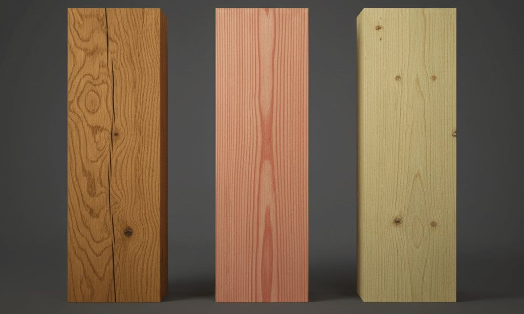 A comparison of three vertical timber posts side-by-side showing the distinct grain patterns and colors of Green Oak, Douglas Fir, and Treated Spruce.