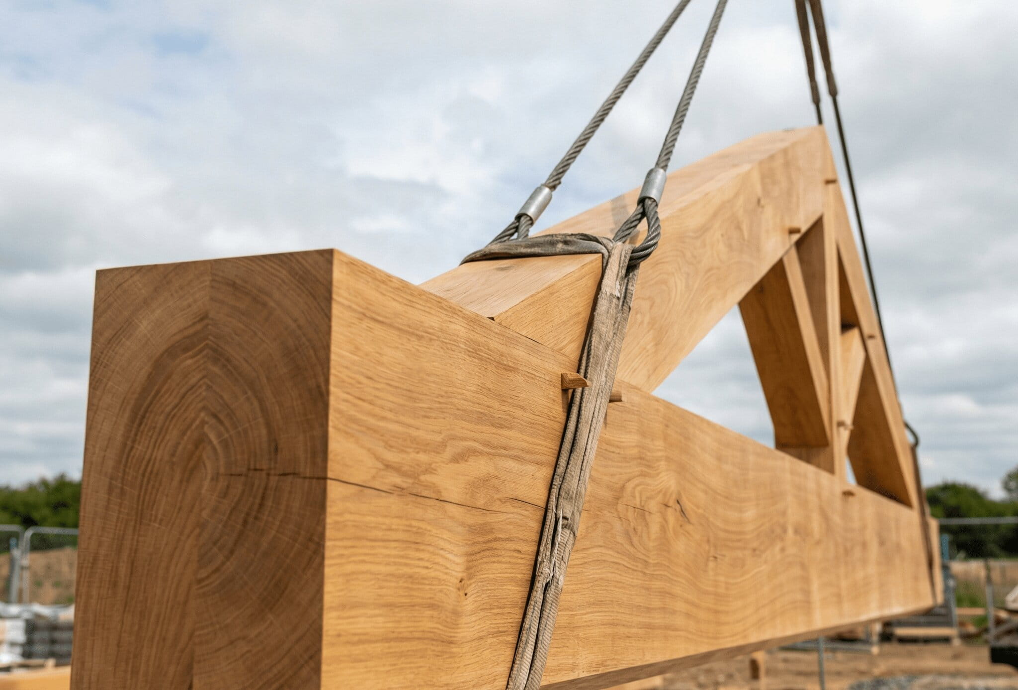 A close-up view of a thick, hand-crafted oak truss being lifted by wire cables, showcasing the wood grain and precision joinery.