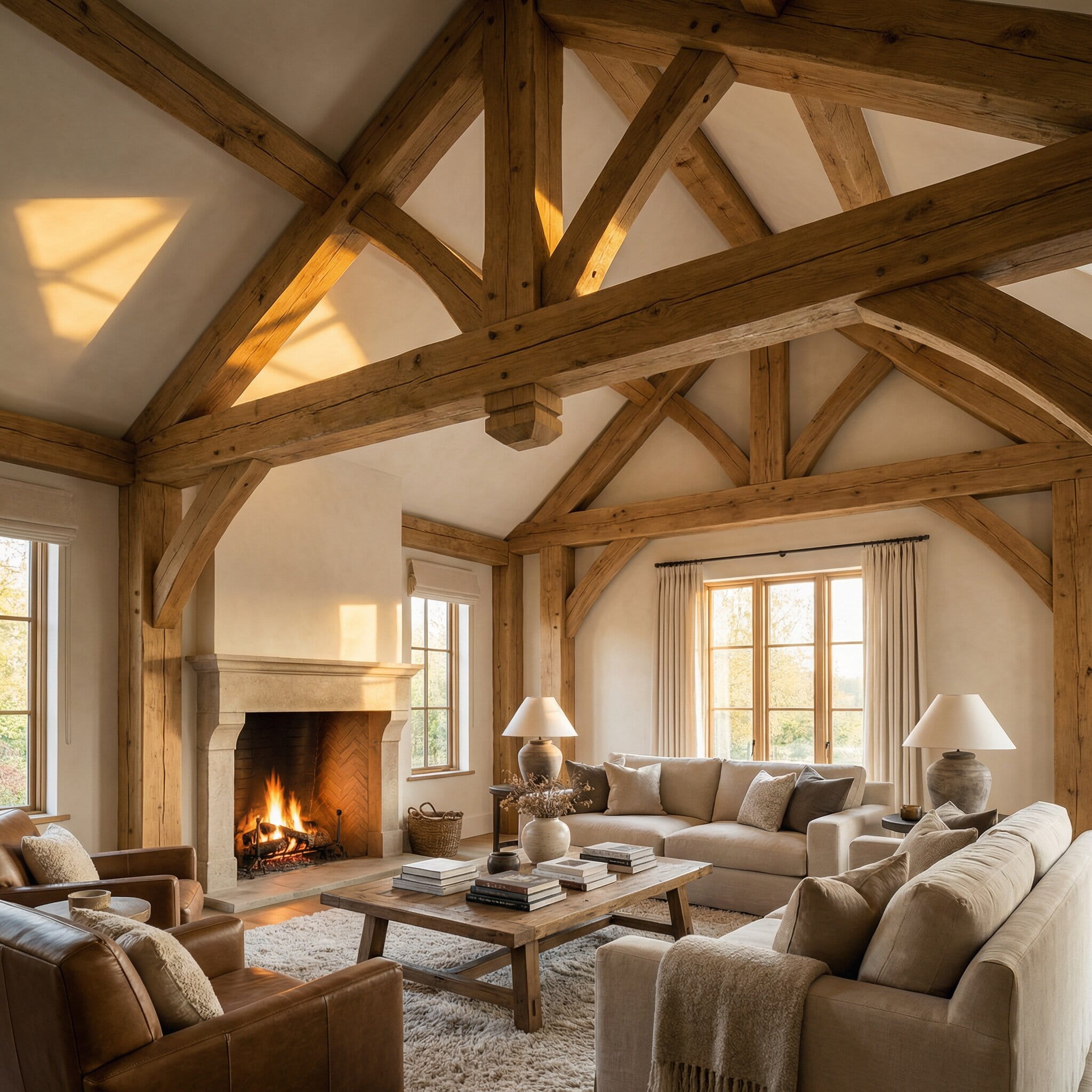 Interior of a luxury living room featuring exposed structural oak trusses and a vaulted ceiling with a stone fireplace.
