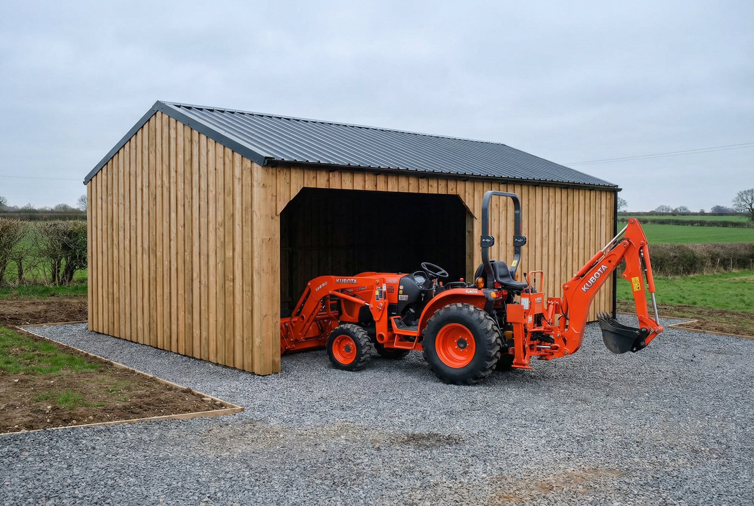 A functional tanalised spruce timber building showing the clean, professional finish of pressure-treated wood used for outbuildings or stables.
