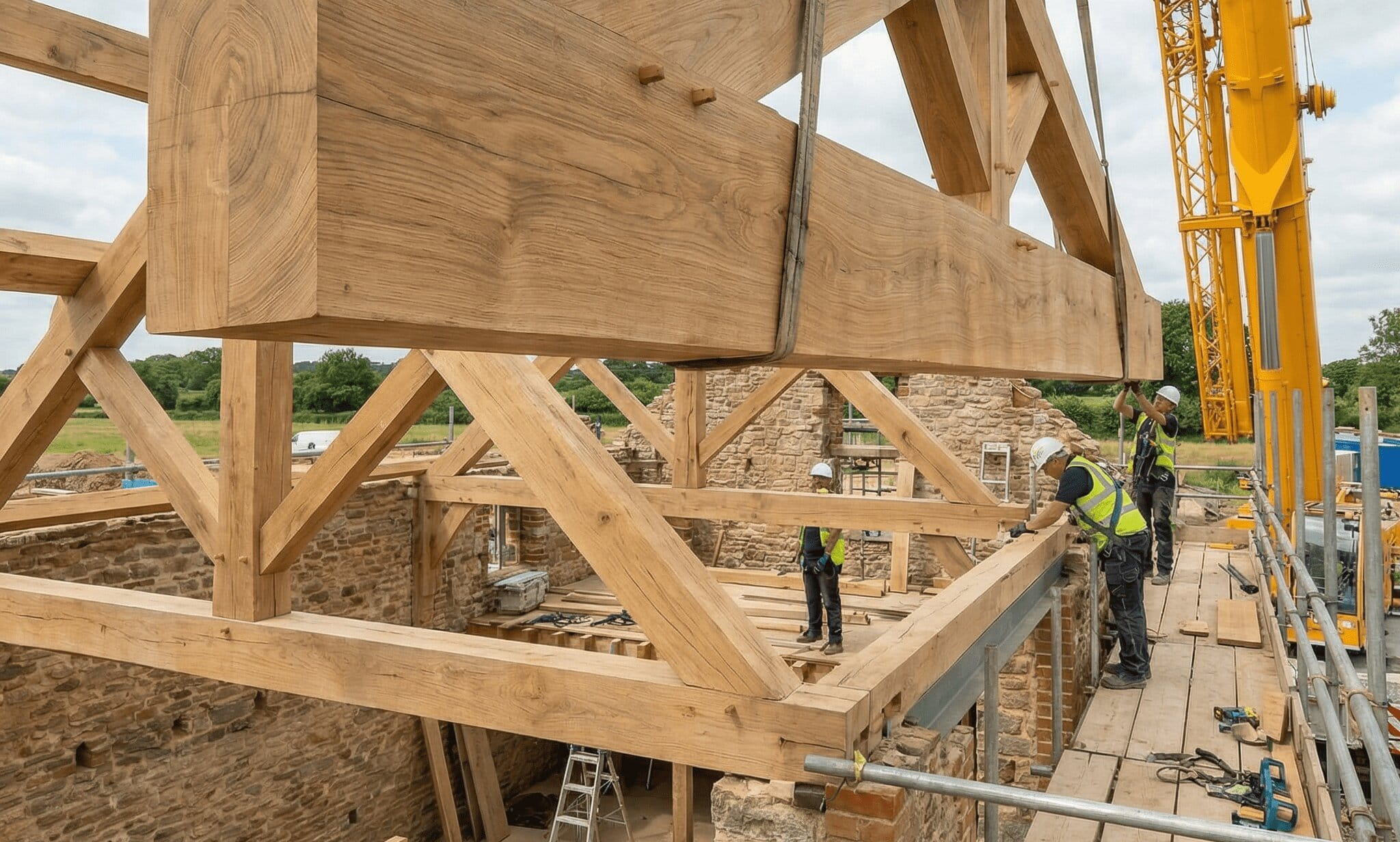 A large hand-crafted oak feature truss being lowered by a crane onto a stone building's brickwork as construction workers guide it into place.